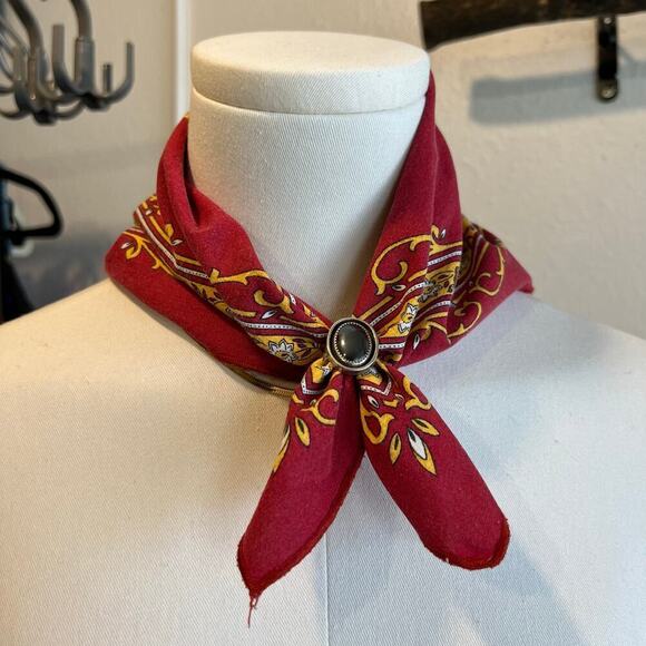 Vintage 90s Cottage Red & Yellow Floral Cotton Square Bandana Neck Tie - Picture 5 of 12